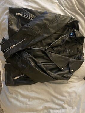 Mango Men's Black Leather Bomber Jacket with Silver Hardware